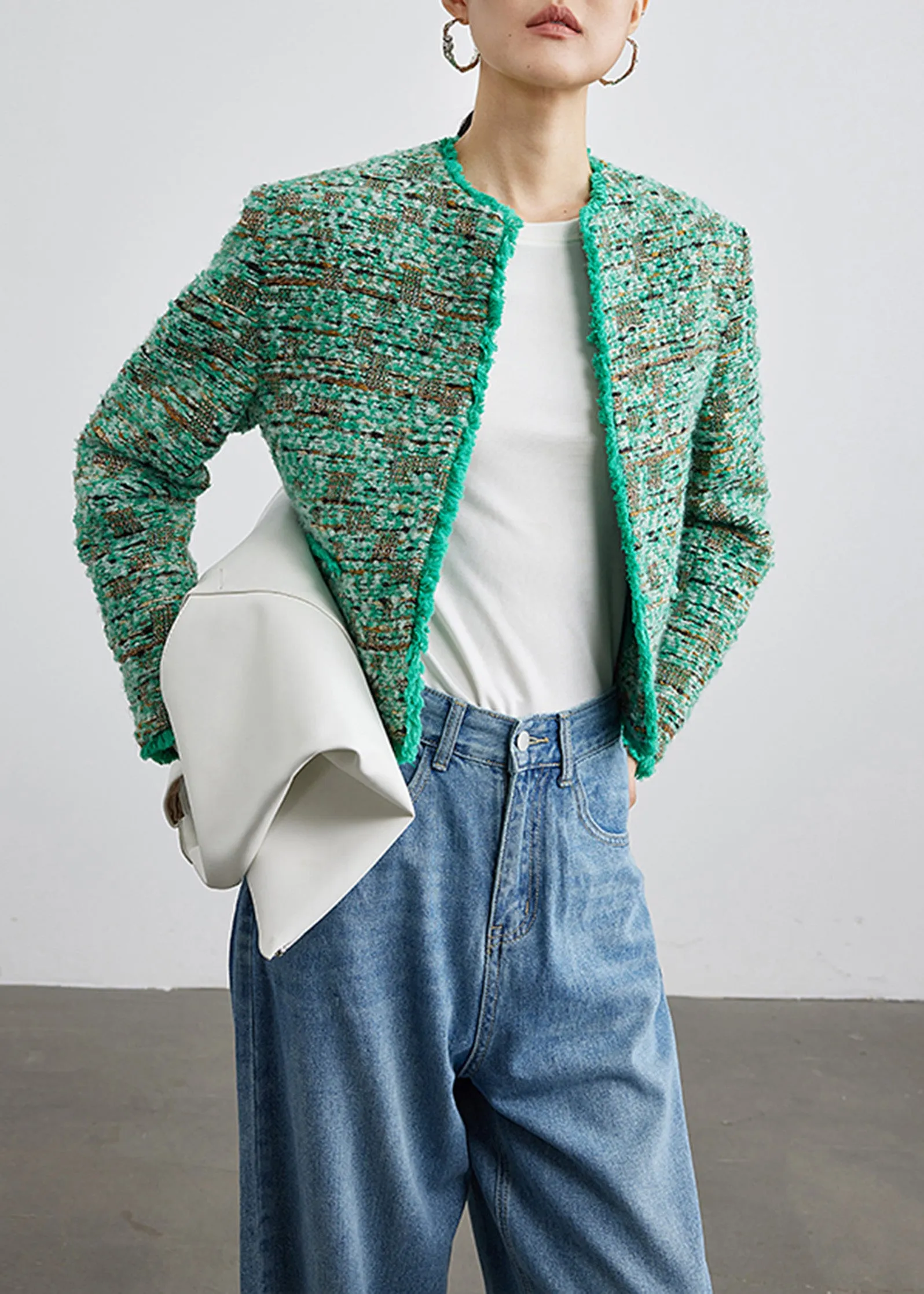 Green Wool Blend Collarless Tweed Jacket