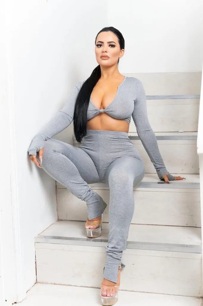 Grey Front Tie Crop Top And High Waist Pant Set