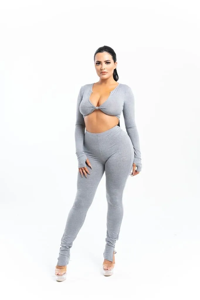 Grey Front Tie Crop Top And High Waist Pant Set