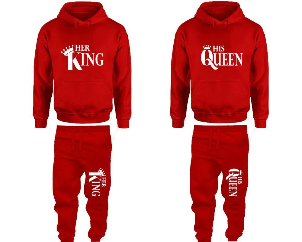 Her King His Queen Couple Pullover Hoodie and Jogger Pants, Matching Top Bottom Sets