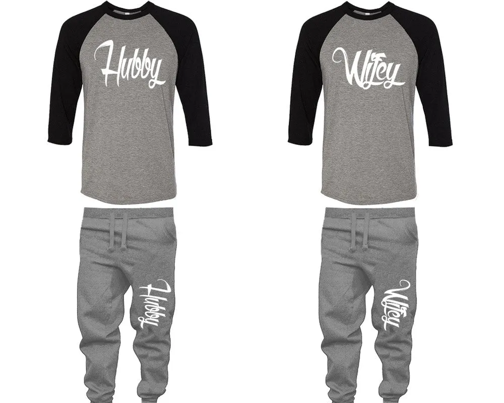 Hubby Wifey Couple Matching Baseball Shirts and Jogger Pants Top & Bottom Sets