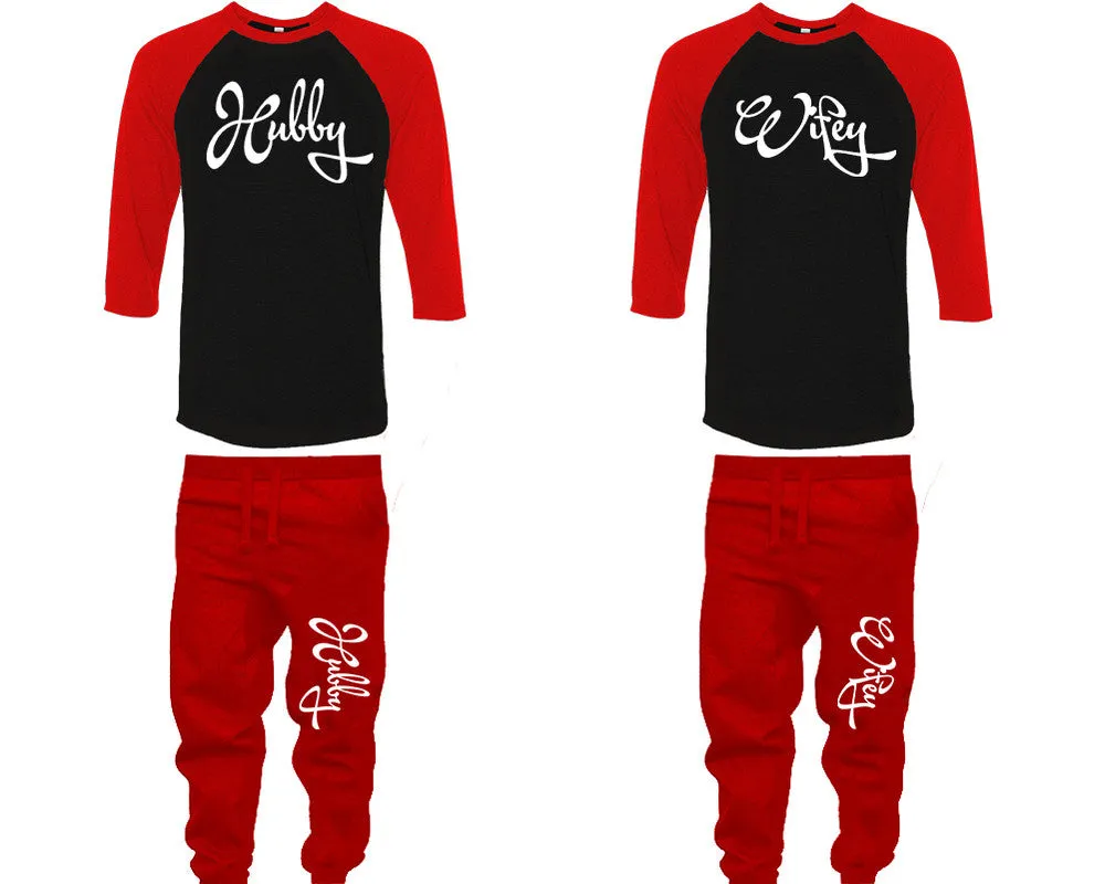 Hubby Wifey Couple Matching Baseball Shirts and Jogger Pants Top & Bottom Sets