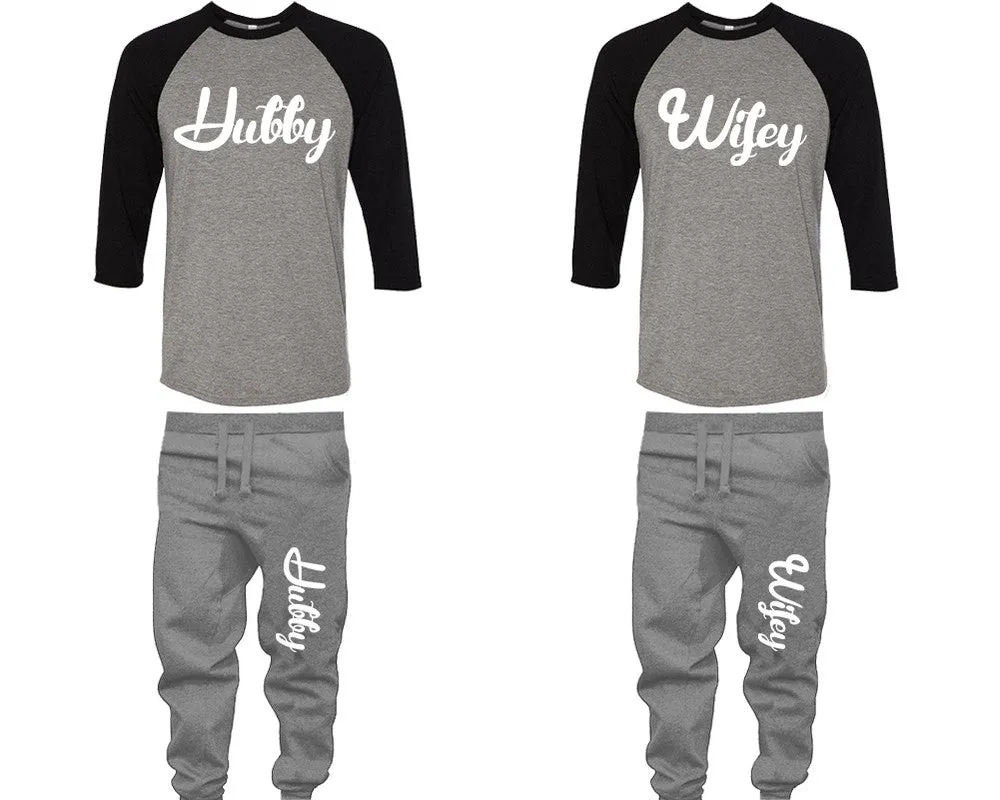 Hubby Wifey Couple Matching Baseball Shirts and Jogger Pants Top & Bottom Sets