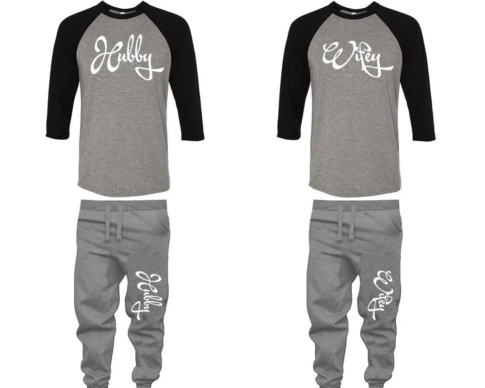 Hubby Wifey Couple Matching Baseball Shirts and Jogger Pants Top & Bottom Sets