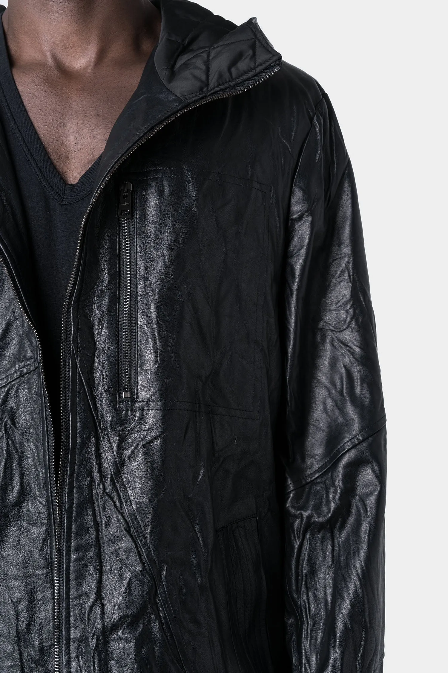 Insulated washed leather hooded zip jacket