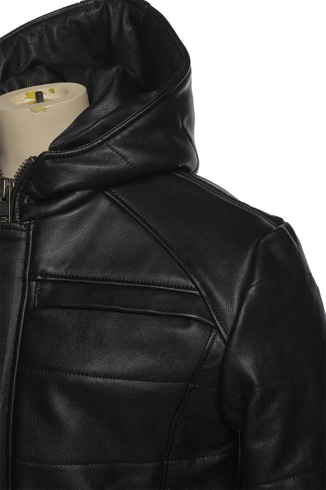 Jules black Buttoned up hooded leather jacket