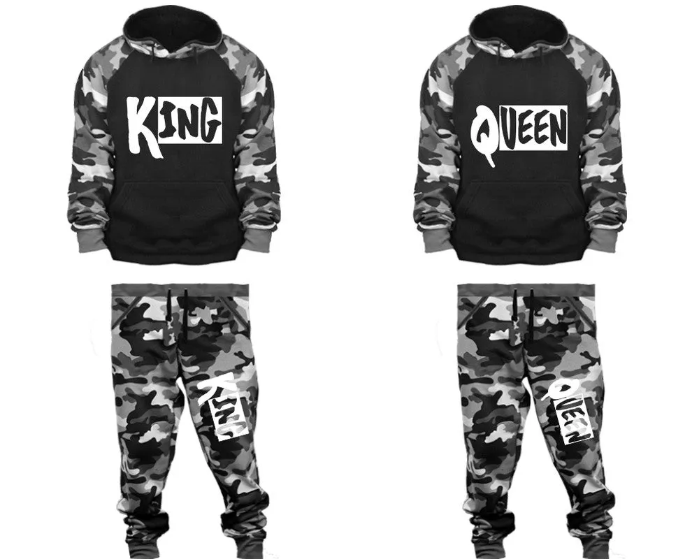 King Queen Couple Matching Camo Hoodies and Camo Jogger Pants Sold Separately