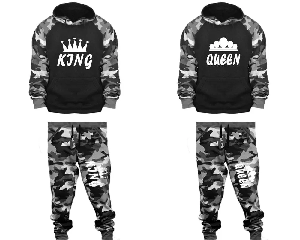 King Queen Couple Matching Camo Hoodies and Camo Jogger Pants Sold Separately