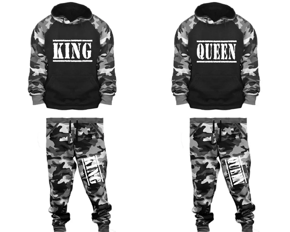 King Queen Couple Matching Camo Hoodies and Camo Jogger Pants Sold Separately