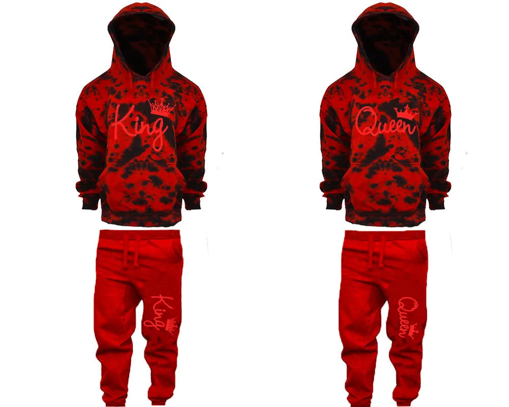 King Queen Couple Matching Tie Dye Hoodies and Fleece Jogger Pants Sets