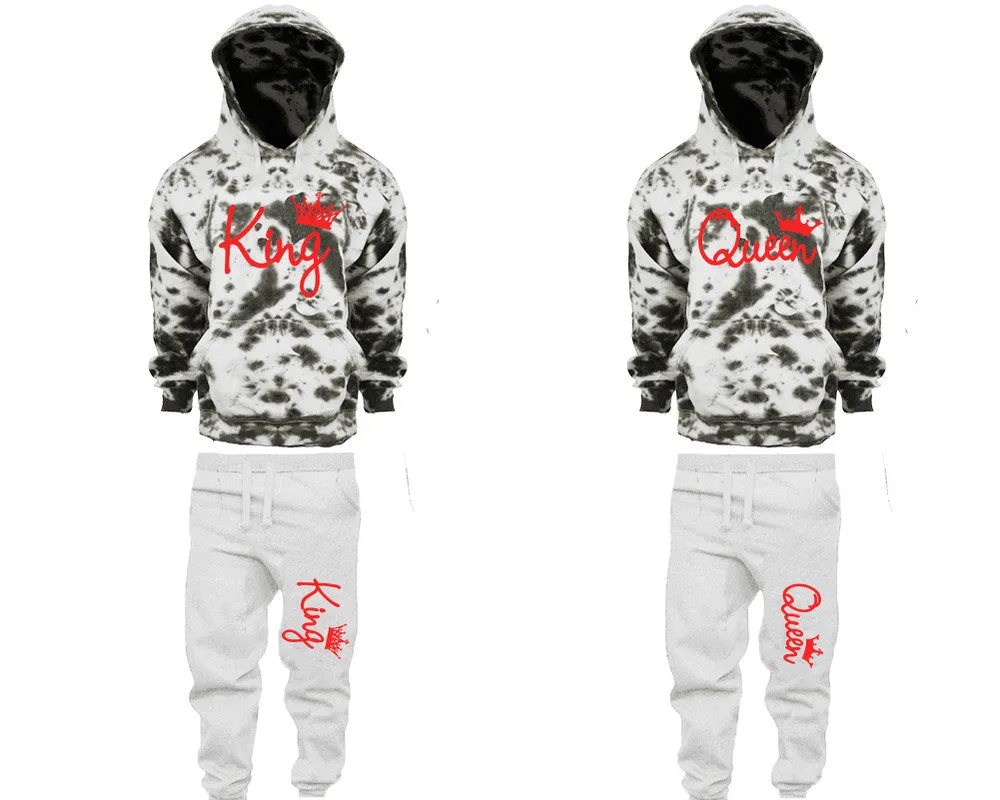 King Queen Couple Matching Tie Dye Hoodies and Fleece Jogger Pants Sets