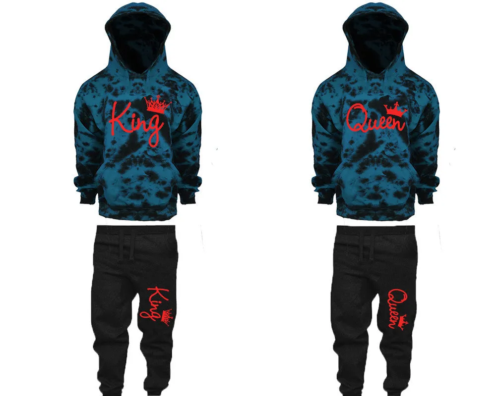 King Queen Couple Matching Tie Dye Hoodies and Fleece Jogger Pants Sets