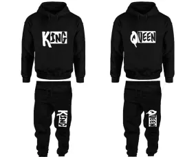 King Queen Couple Pullover Hoodie and Jogger Pants, Matching Top Bottom Sets