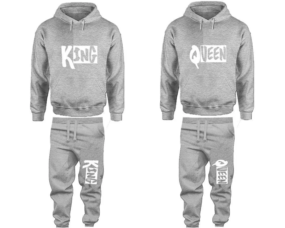 King Queen Couple Pullover Hoodie and Jogger Pants, Matching Top Bottom Sets