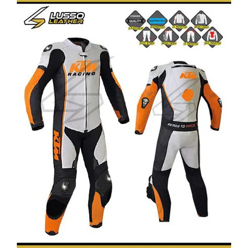 KTM white, black and orange motorcycle leather suit