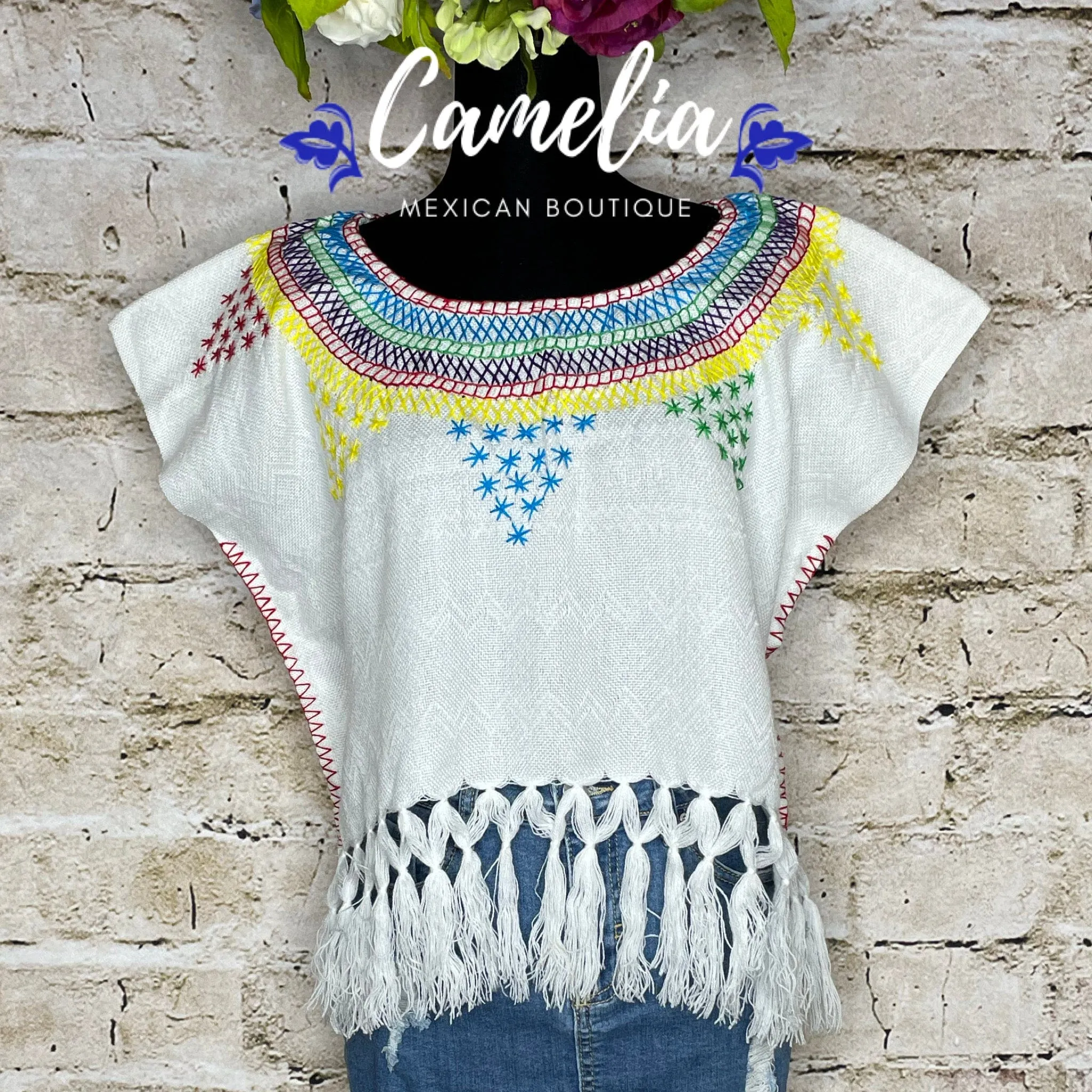 Loomed Mexican Tasseled Crop Top - Stars