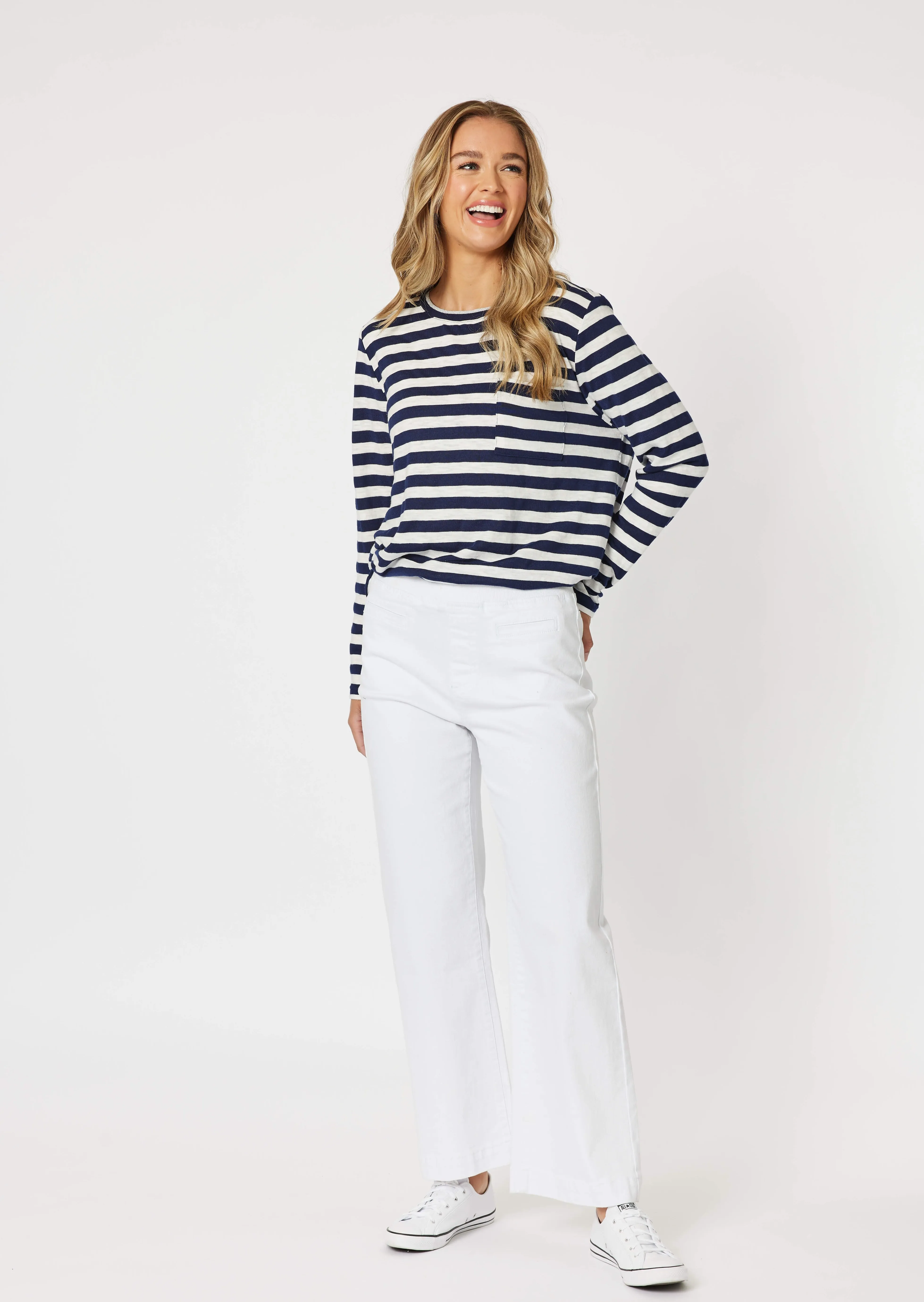 Maddy Pull On Wide Leg Jean - White/Denim