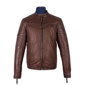 Men's Tawton Brown Leather Jacket with quilted panels