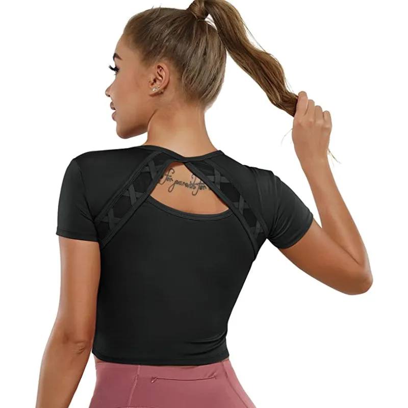 Mesh Back Cutout Medium Workout Crop Top