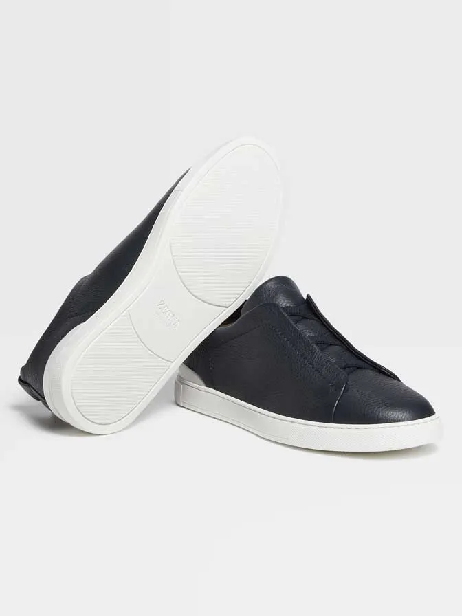 Navy Blue Deerskin Triple Stitch Sneakers