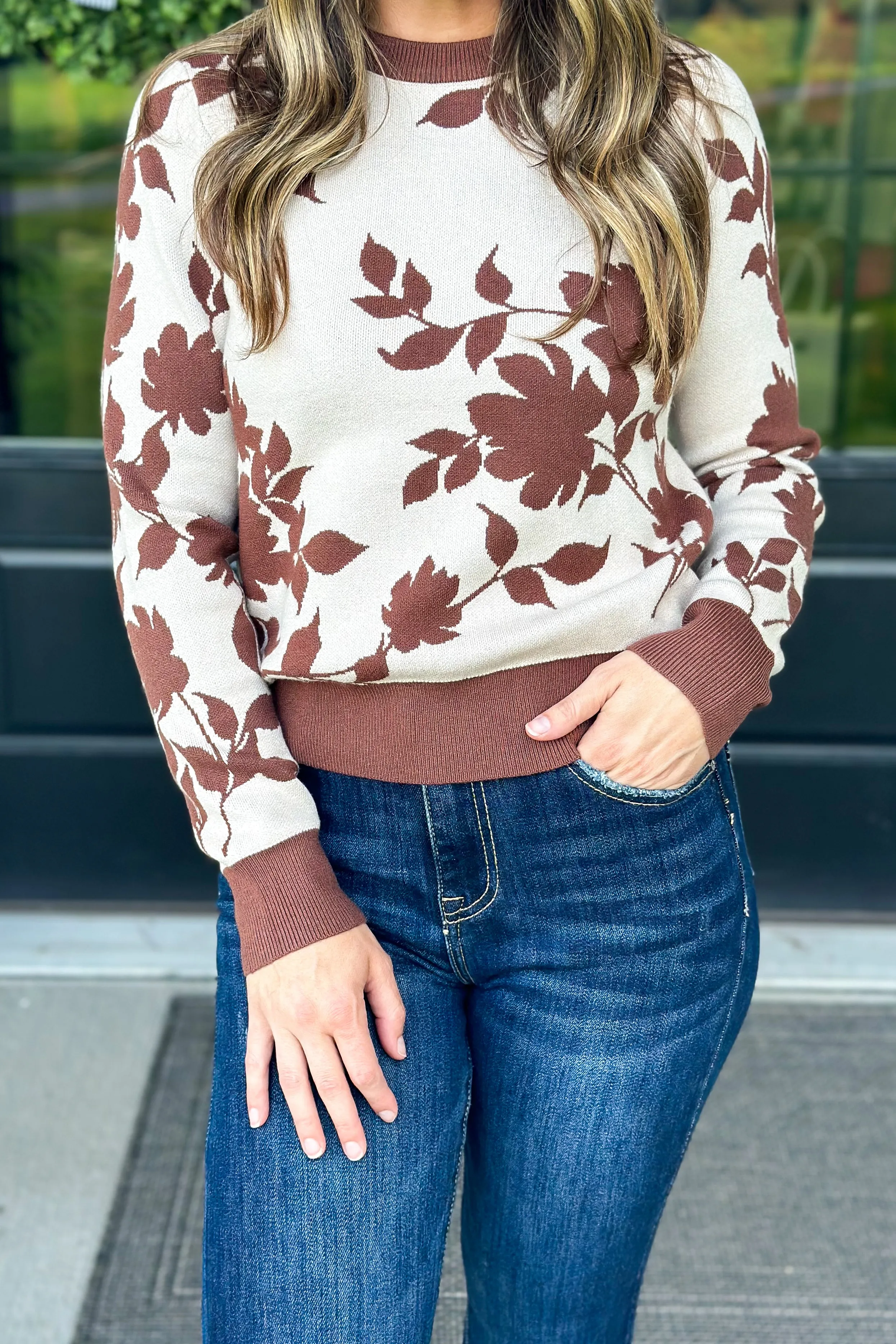 Oatmeal Flowered Crew Sweater