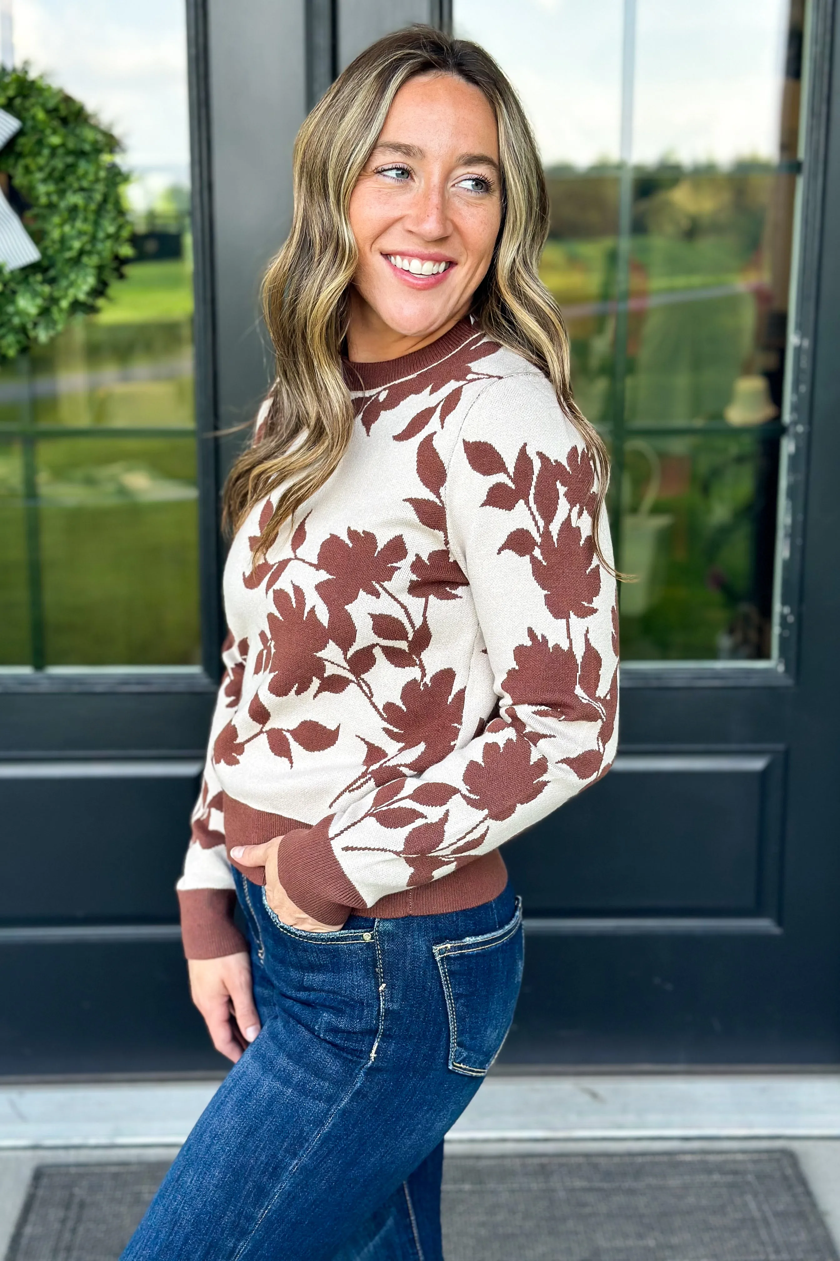 Oatmeal Flowered Crew Sweater