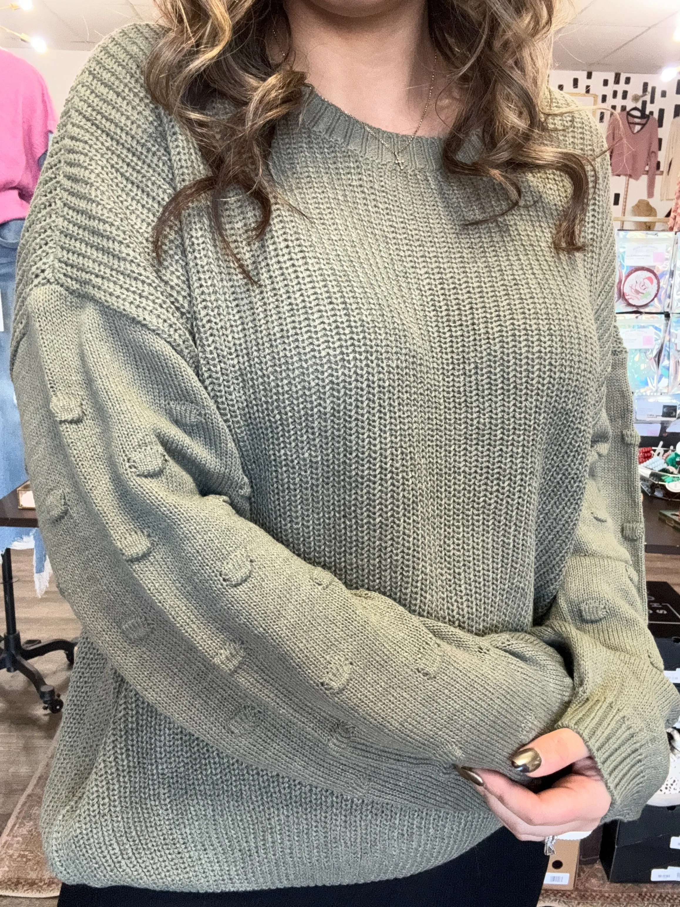 Olive Bubble Sleeve Sweater