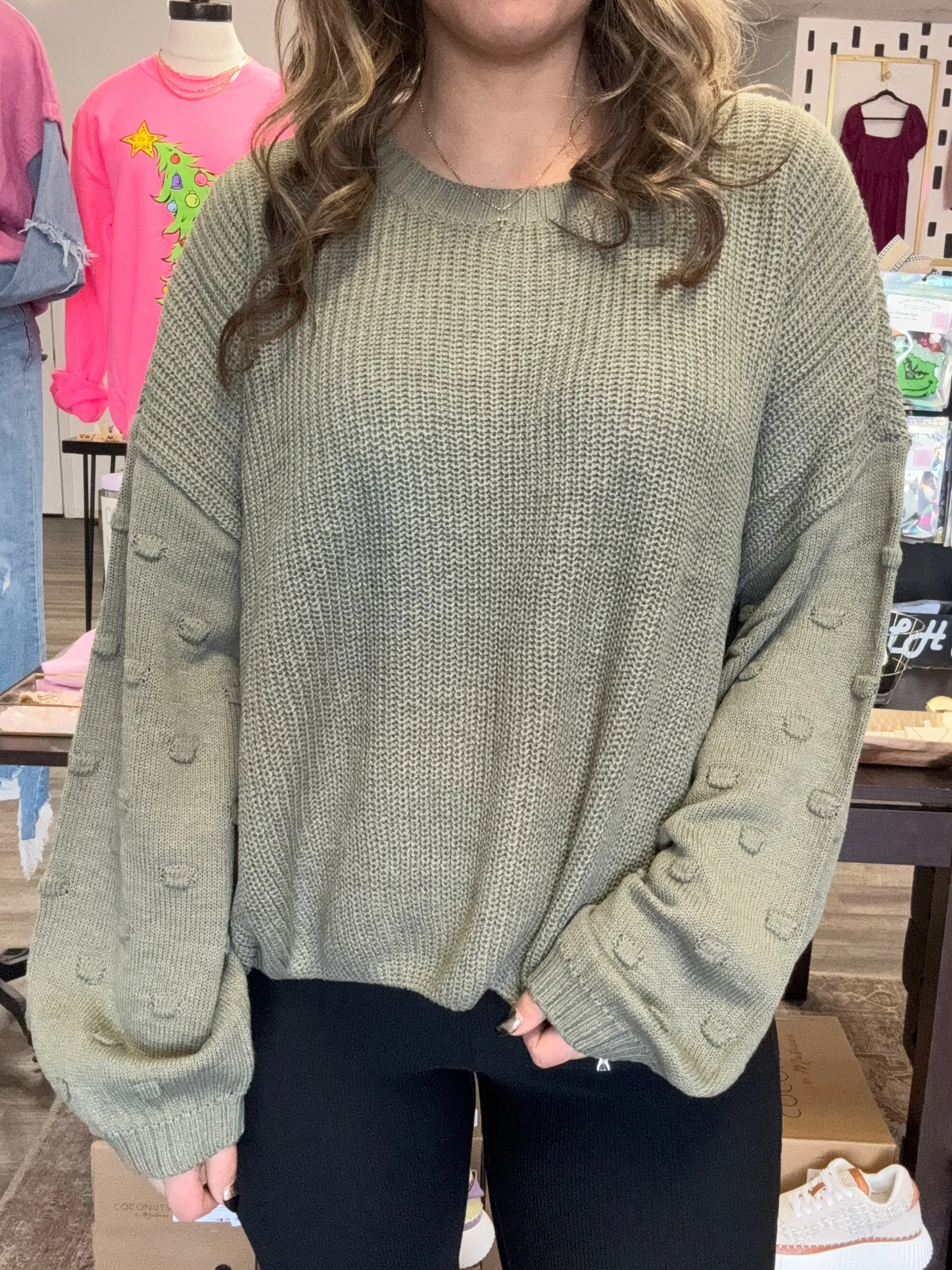 Olive Bubble Sleeve Sweater