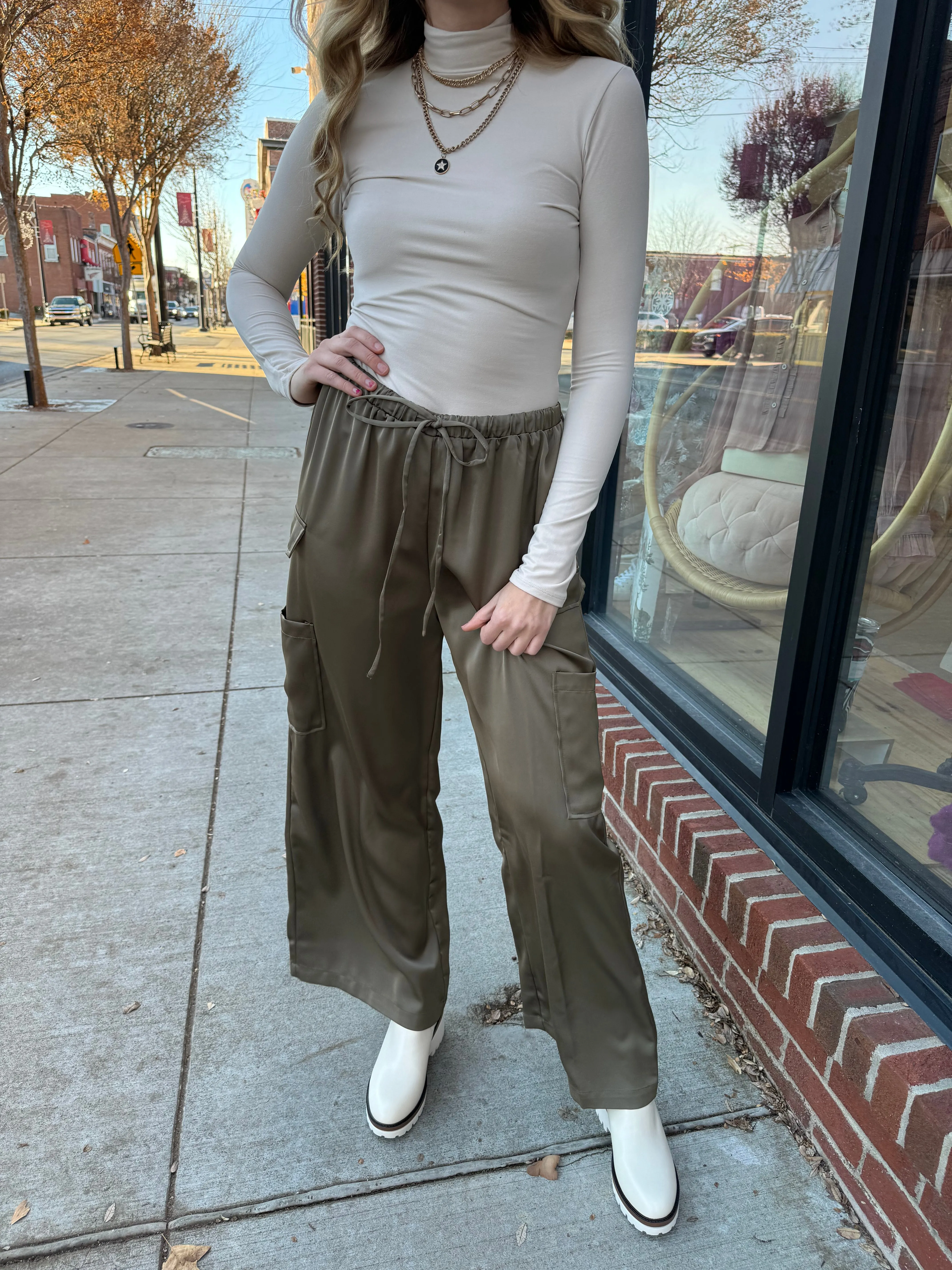 Olive Satin Cargo Pants