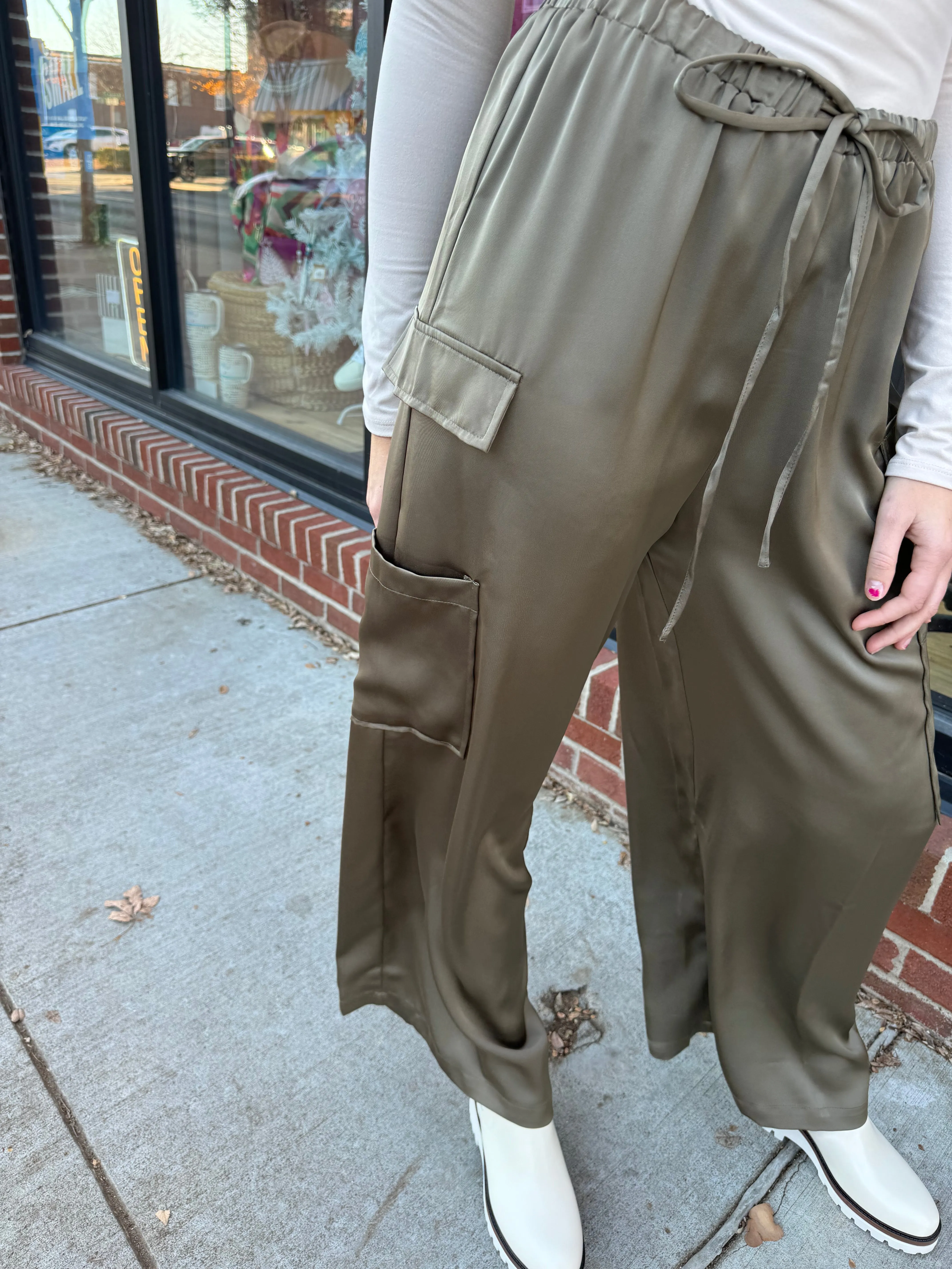 Olive Satin Cargo Pants