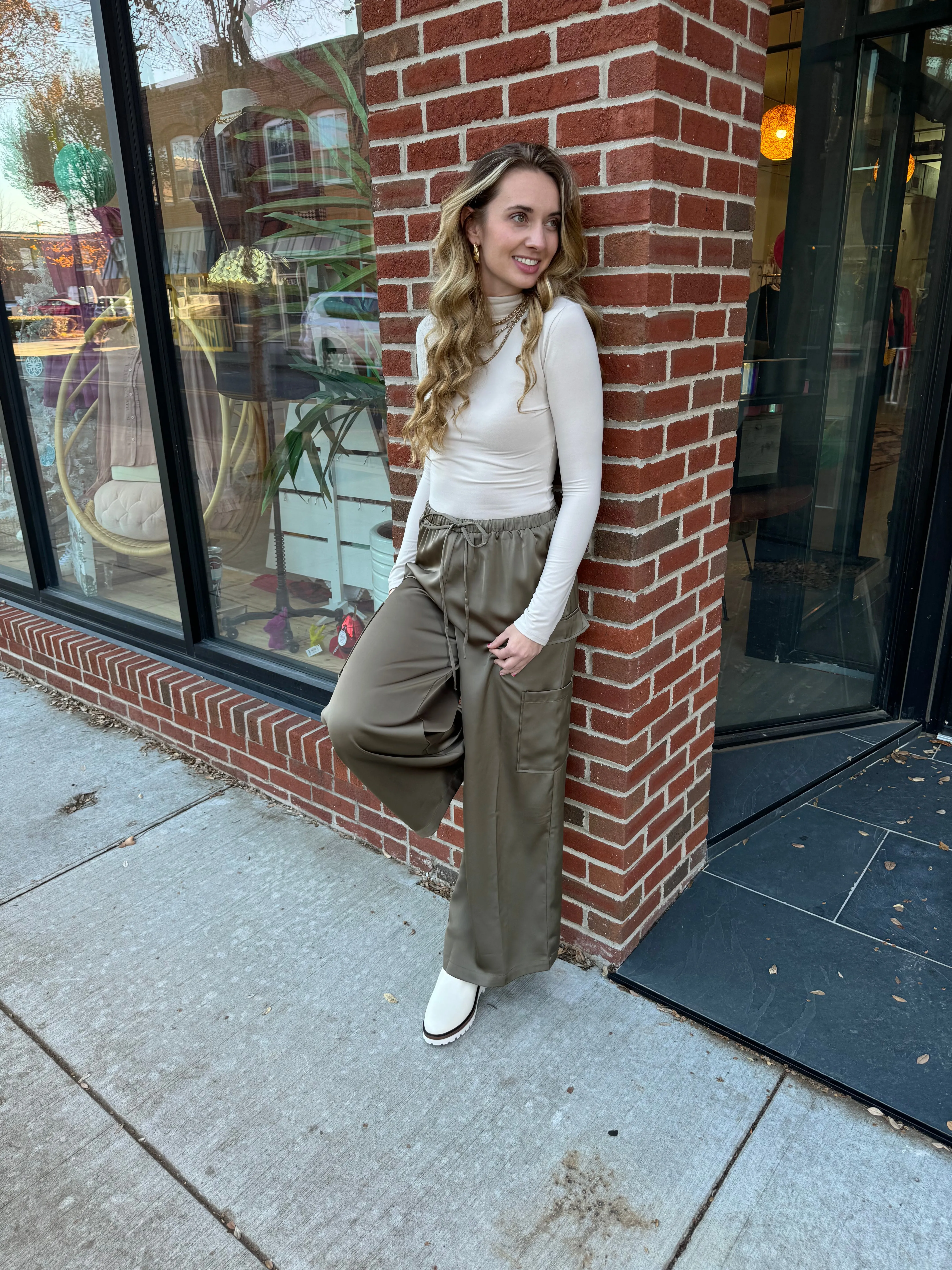 Olive Satin Cargo Pants