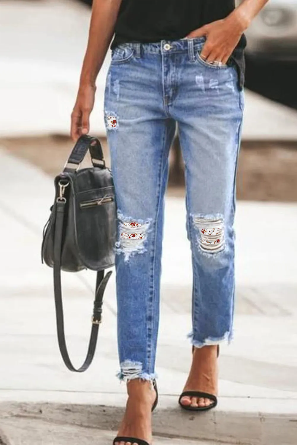 Patchwork Hollow Out Frayed Hem Ripped Jeans