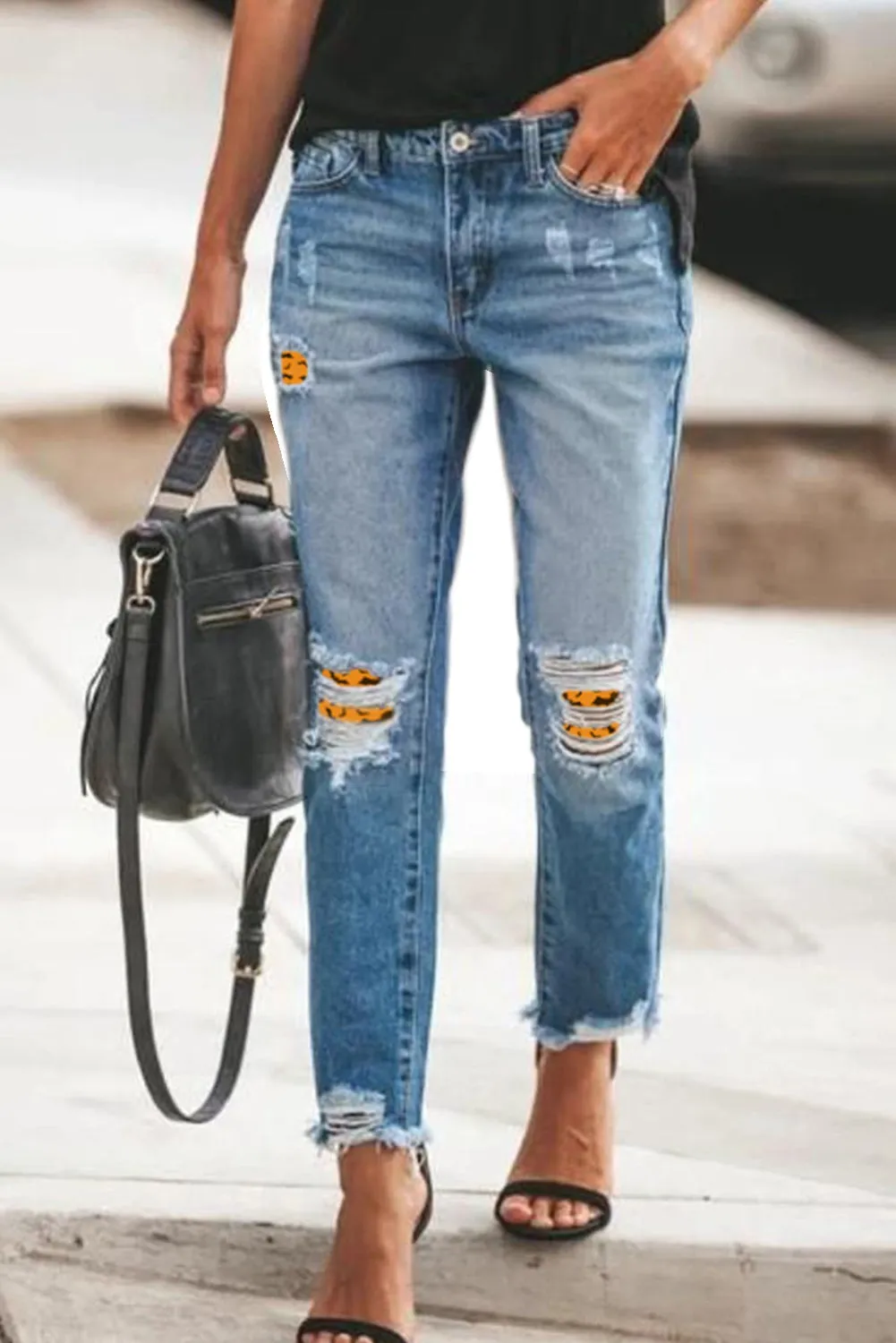 Patchwork Hollow Out Frayed Hem Ripped Jeans