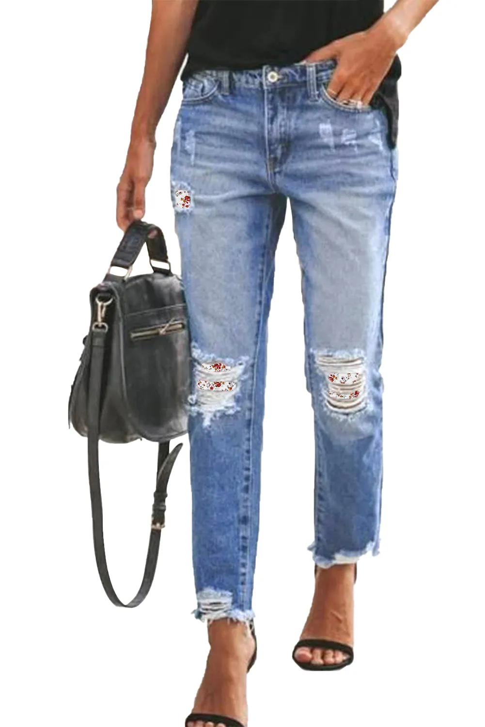 Patchwork Hollow Out Frayed Hem Ripped Jeans