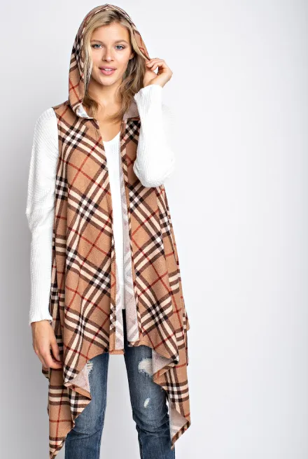 Plaid hacci sleeveless waterfall open cardigan with hoody