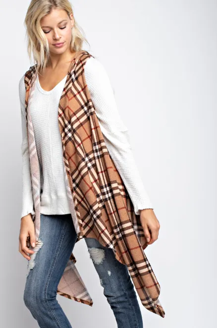 Plaid hacci sleeveless waterfall open cardigan with hoody