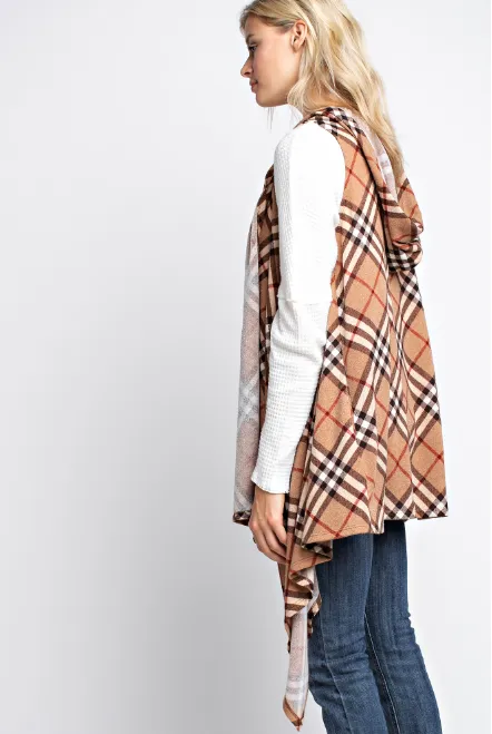 Plaid hacci sleeveless waterfall open cardigan with hoody