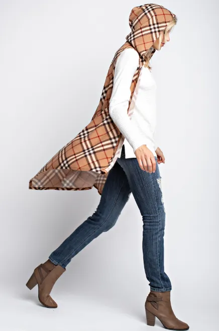 Plaid hacci sleeveless waterfall open cardigan with hoody