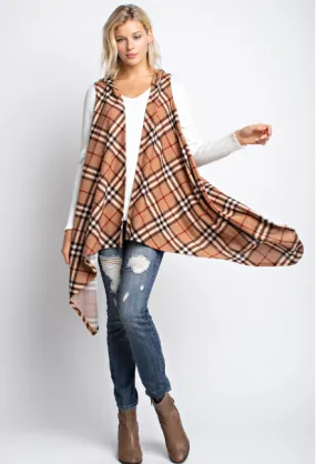 Plaid hacci sleeveless waterfall open cardigan with hoody