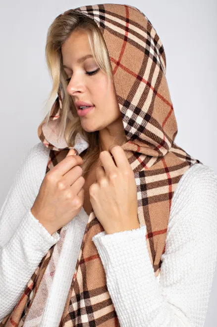 Plaid hacci sleeveless waterfall open cardigan with hoody