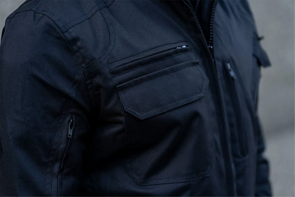 "Black Utility" Air Ventilation and Hooded Breathable and Waterproof Textile Motorcycle Jacket with armor protectors