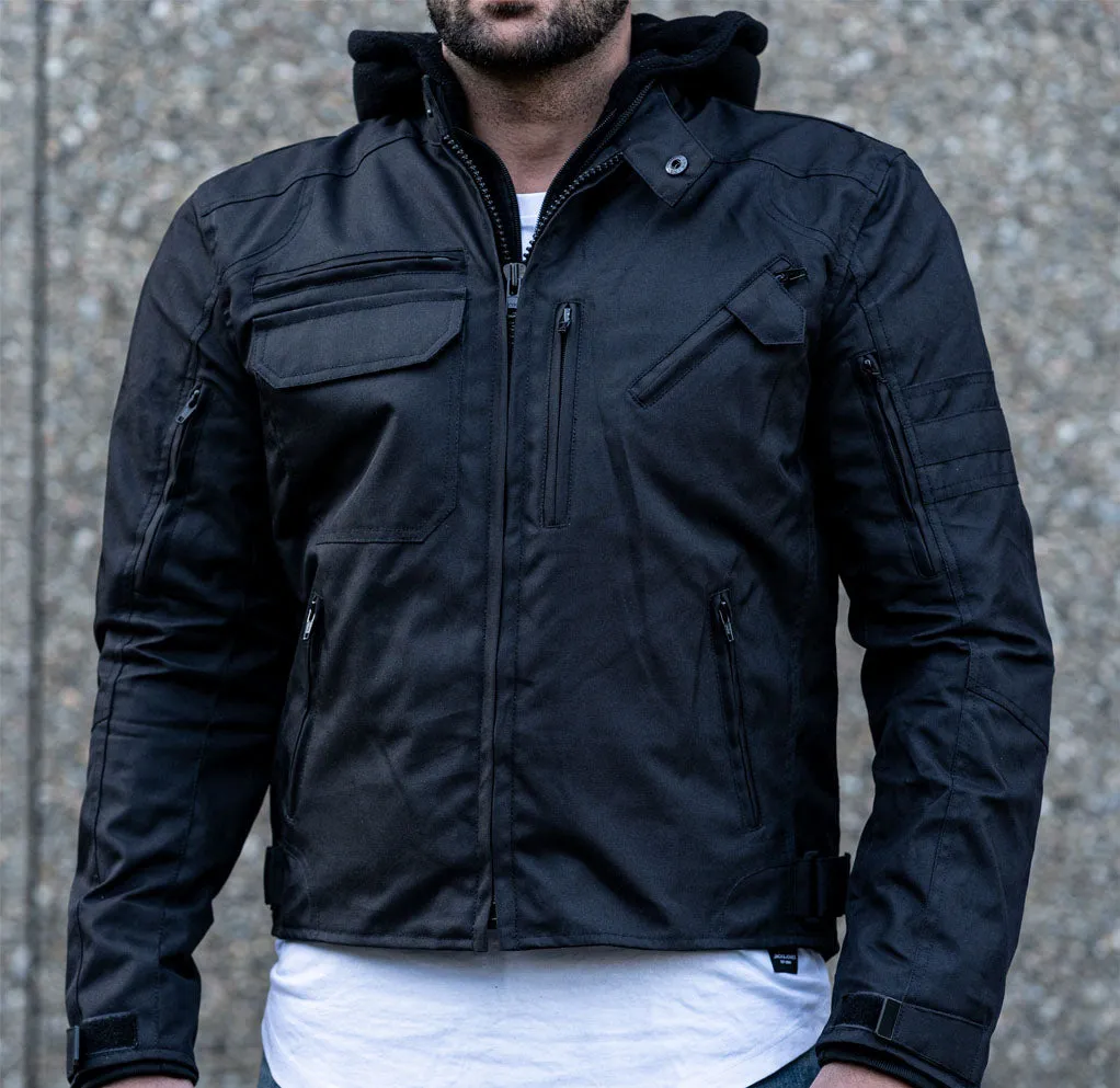 "Black Utility" Air Ventilation and Hooded Breathable and Waterproof Textile Motorcycle Jacket with armor protectors