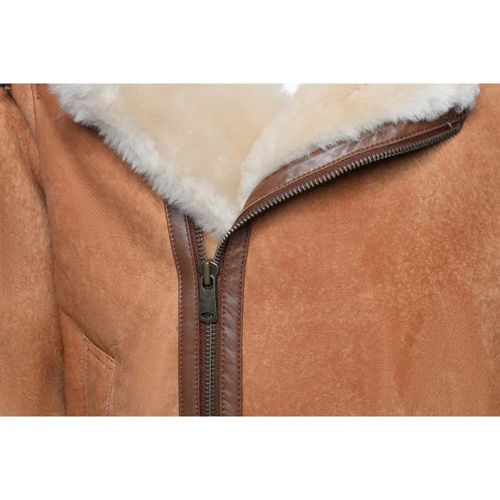 Rocco Vintage Cognac Aviator bomber shearling jacket with Fox trim hoodie