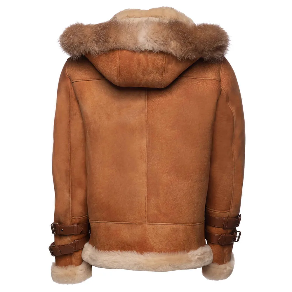 Rocco Vintage Cognac Aviator bomber shearling jacket with Fox trim hoodie