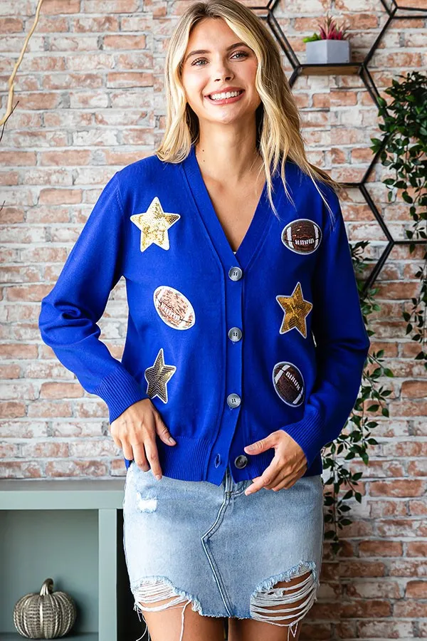 Sequin Football Cardigan- Blue