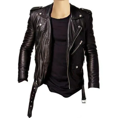 Slim fit Biker Leather Jacket with belt - CLEARANCE PRE MADE