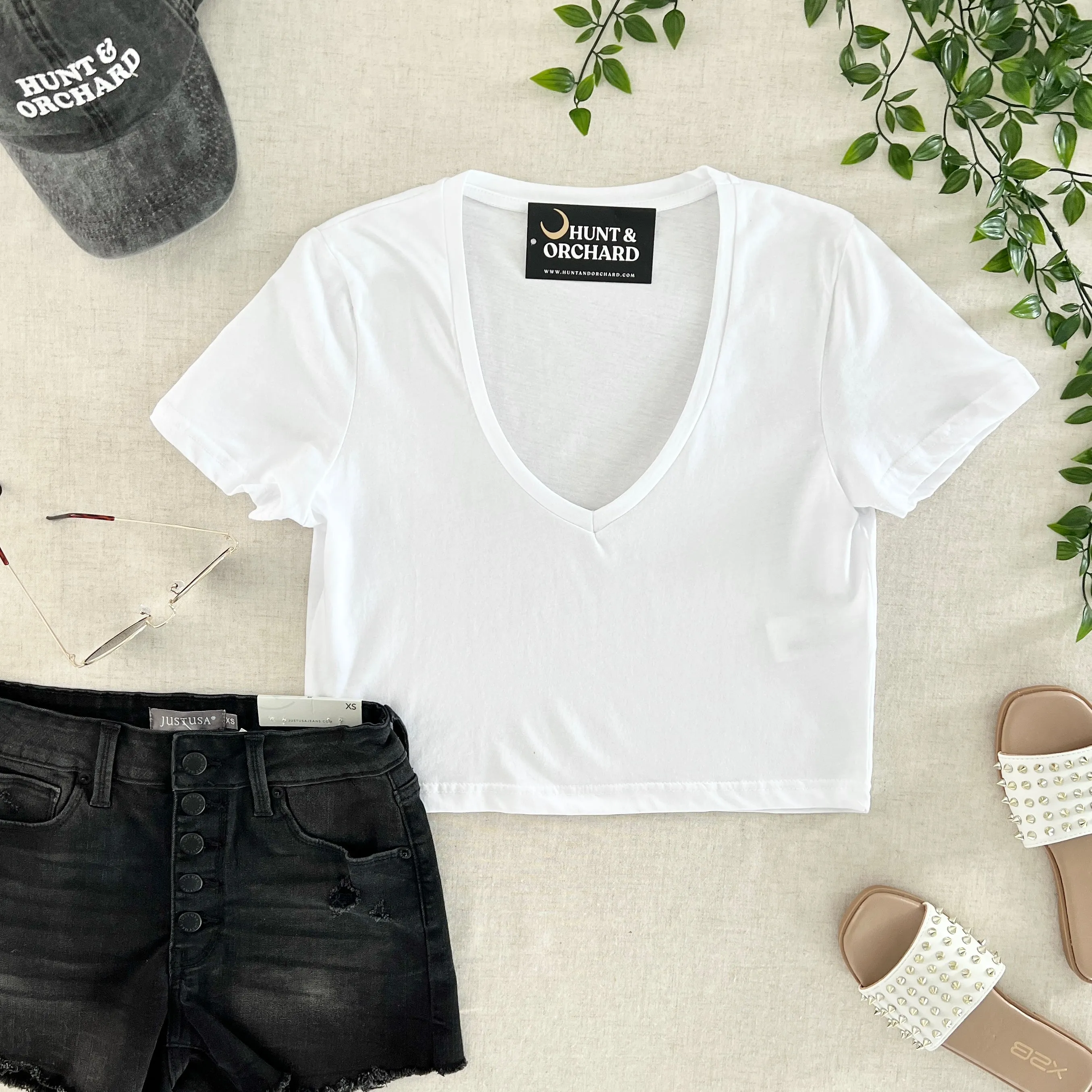 V Neck Crop Tee - White