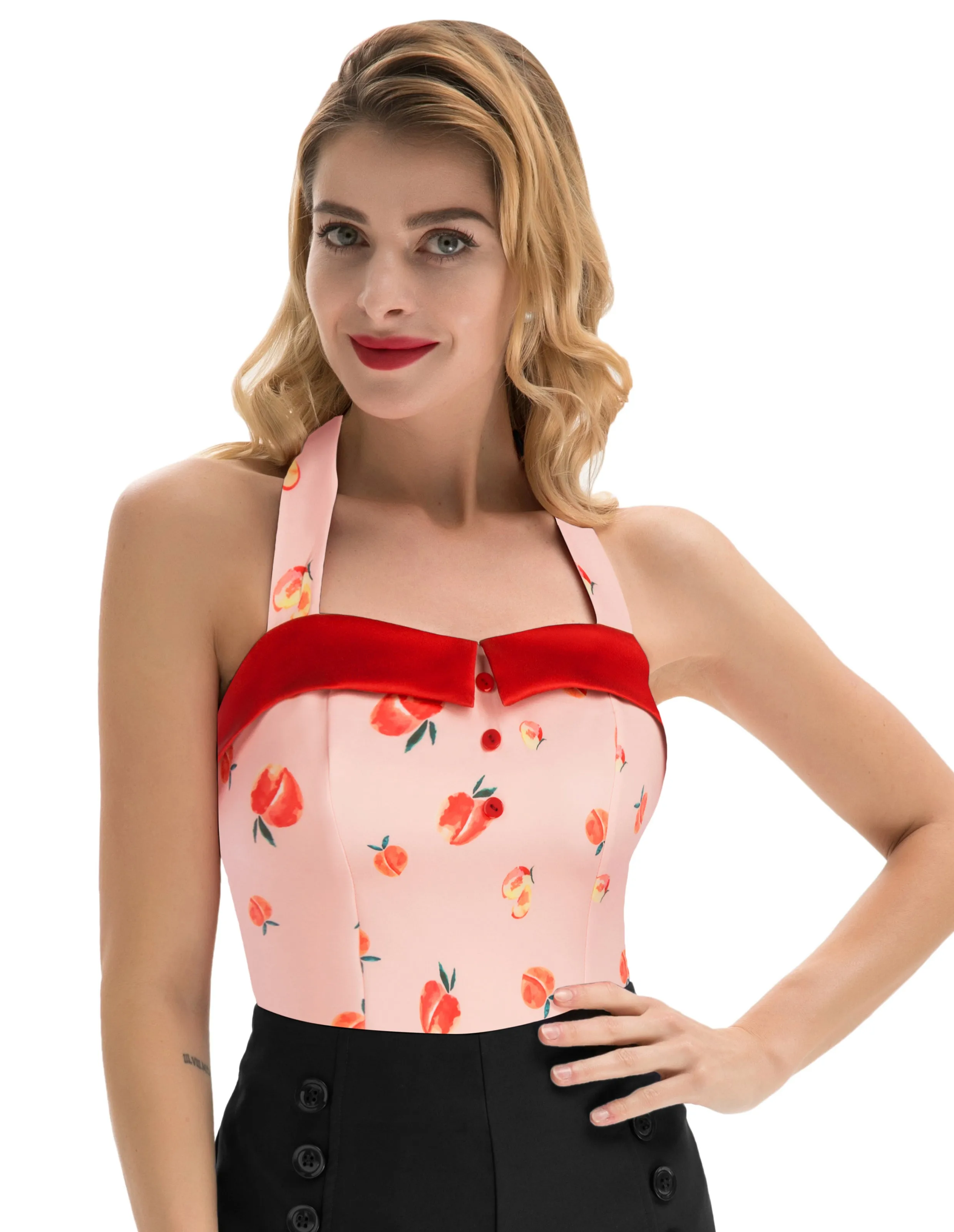 Vintage Floral Pattern Smocked Back Halterneck Halter Tops