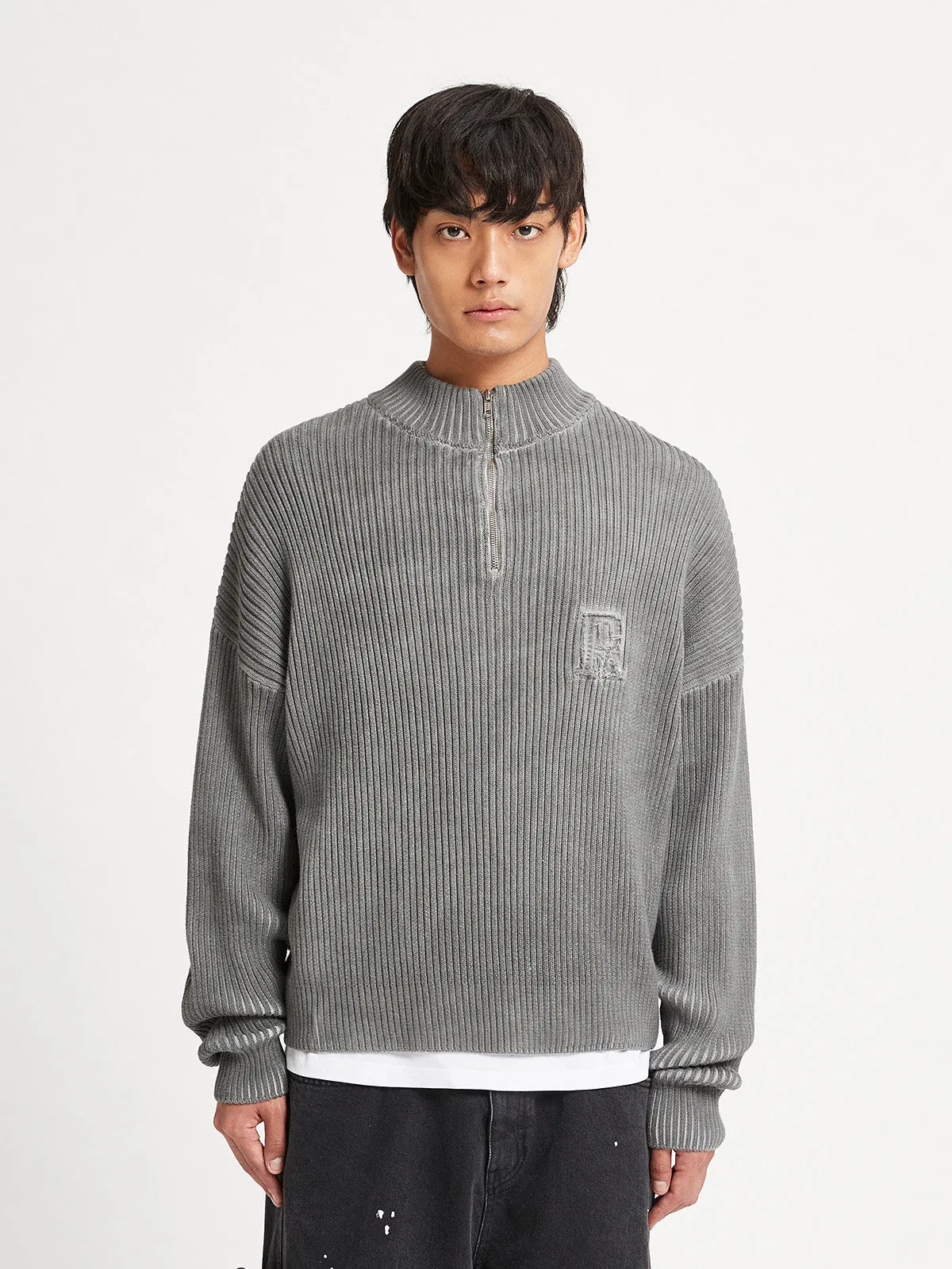 WASHED KNIT HALF ZIP - GREY