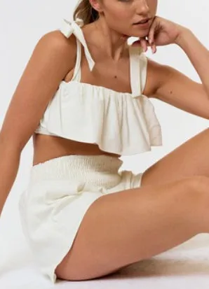 White linen ruffle top with self tie straps